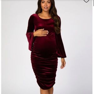 Pink Blush Maternity Burgundy Velvet Bell Sleeve Maternity Dress